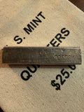 California Crown Mint CCM 5 troy oz .999+ fine silver hand-poured Kit-Kat bar with crowned MG hallmark, Lot 930024, on vintage U.S. Mint quarters bag.