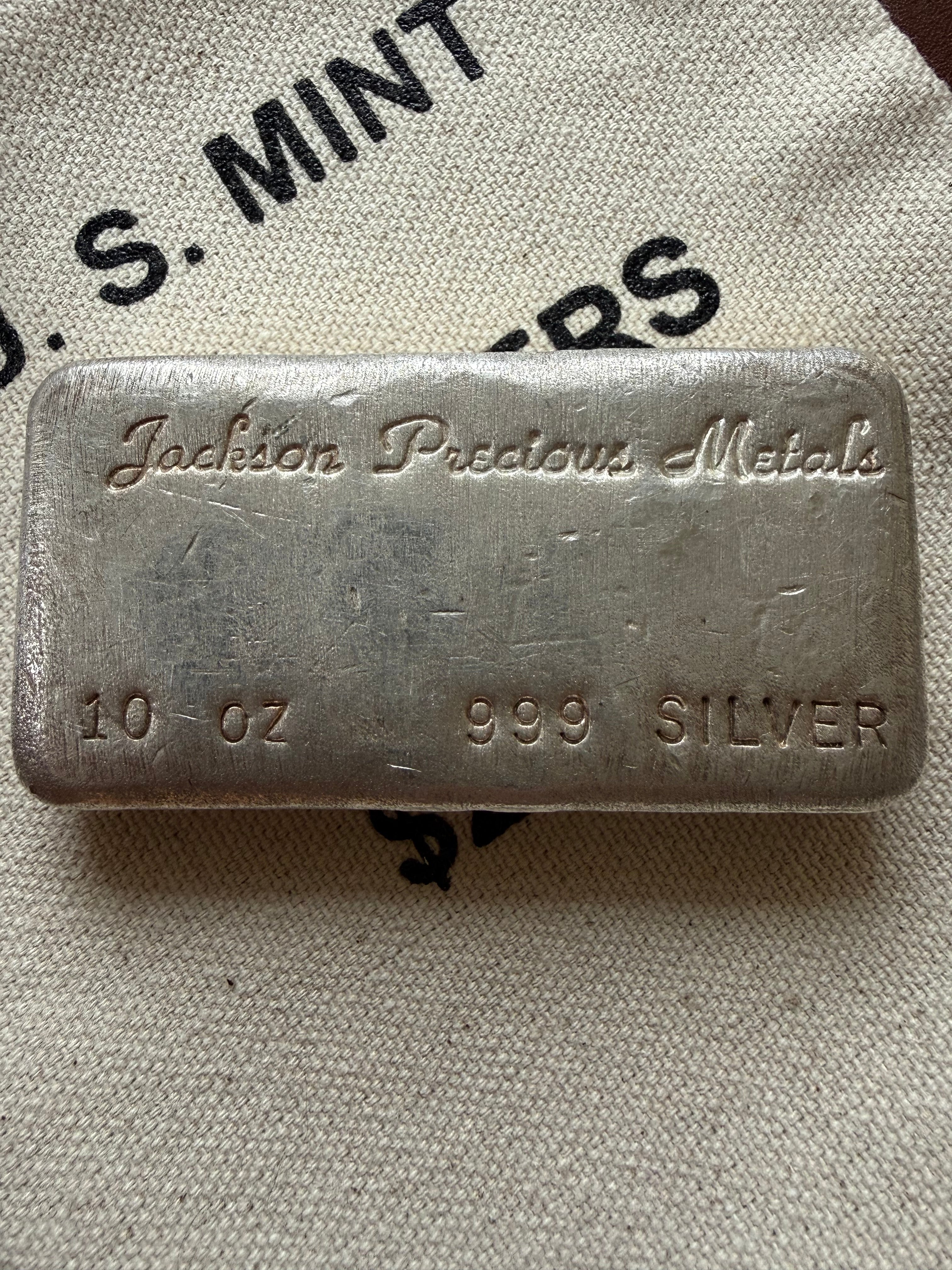 Jackson Precious Metals (JPM) - 10ozt, Vintage, Hand Poured, .999 Fine Silver Bar
