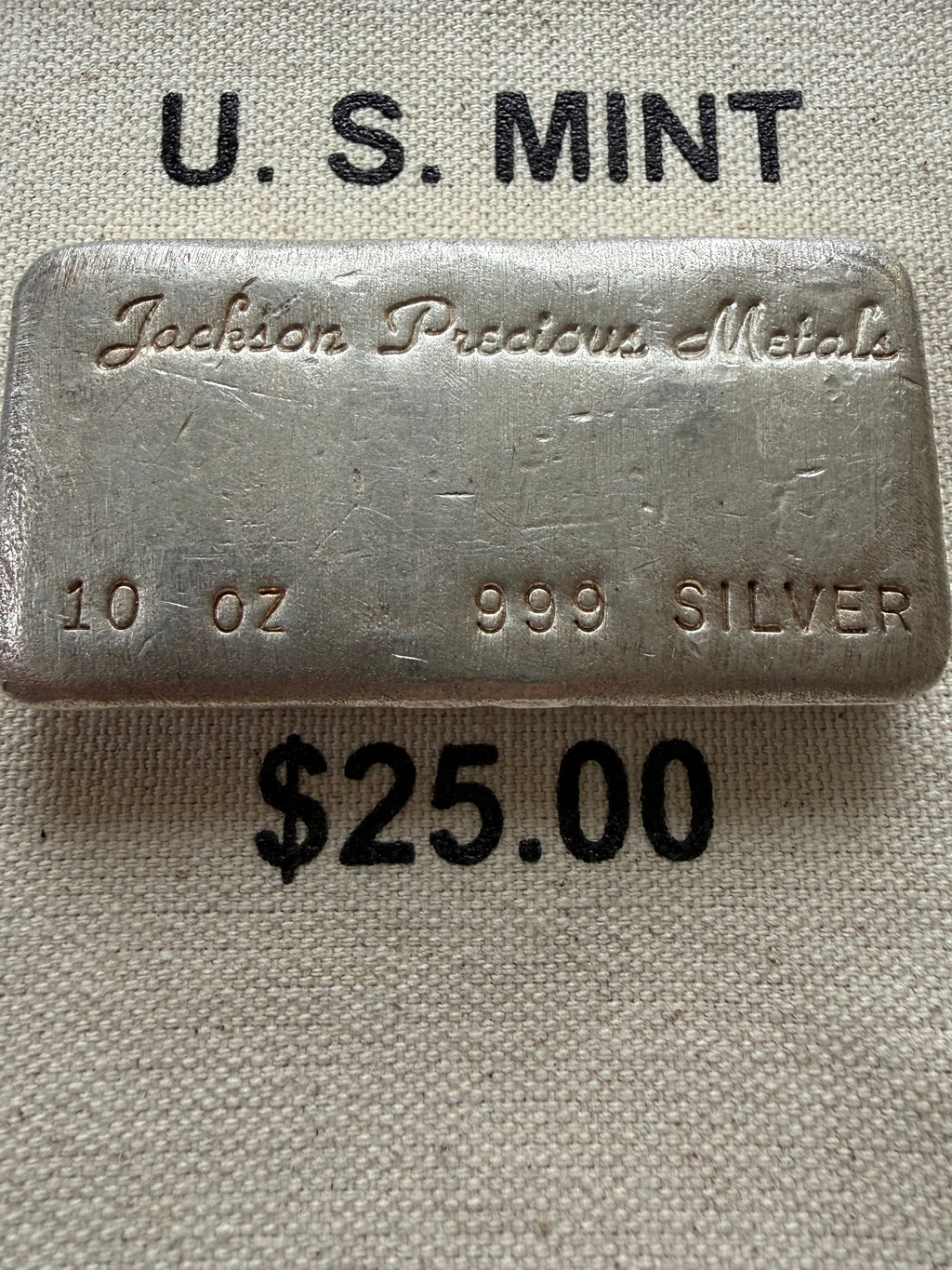 Jackson Precious Metals (JPM) - 10ozt, Vintage, Hand Poured, .999 Fine Silver Bar