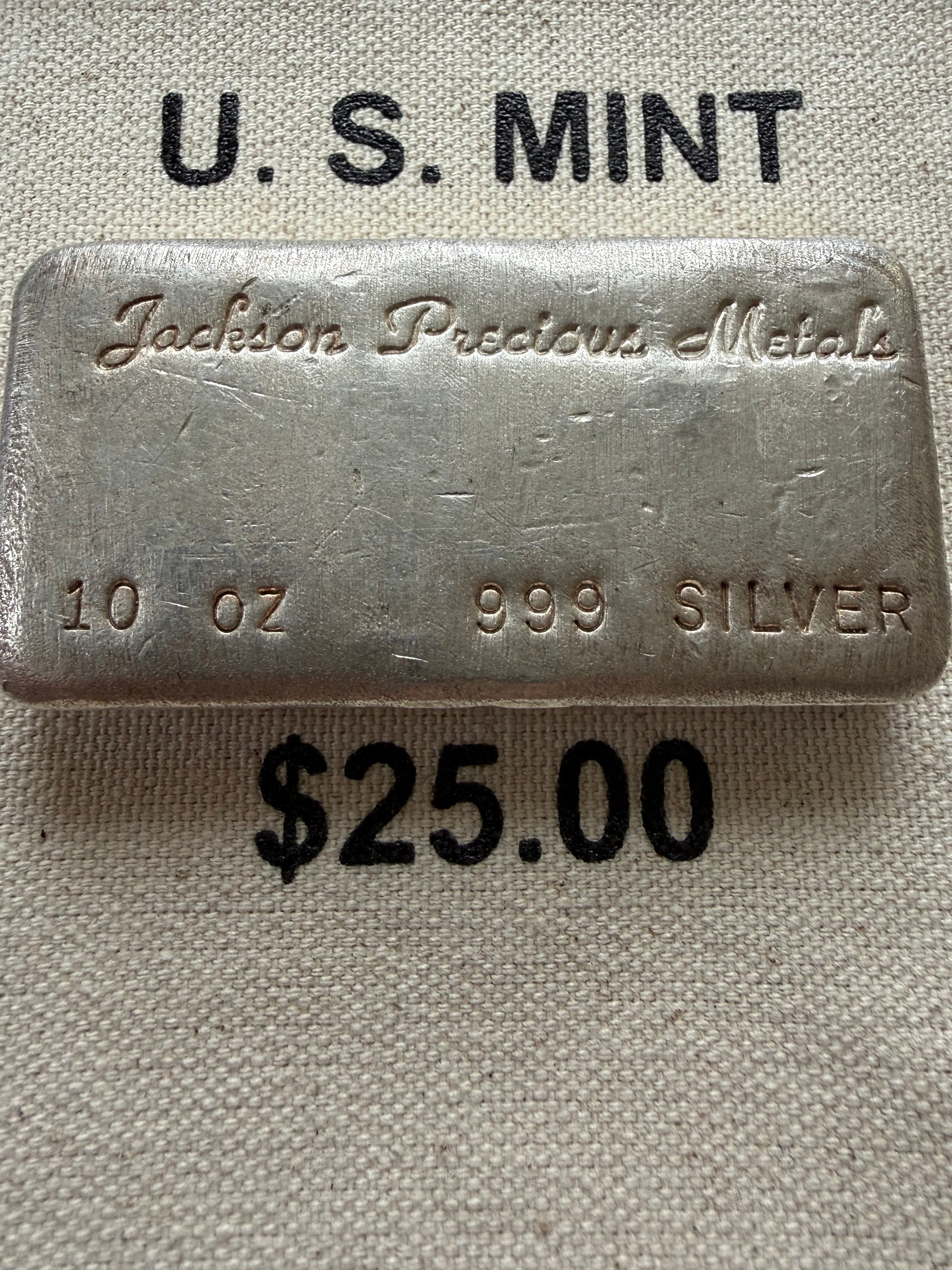 Jackson Precious Metals (JPM) - 10ozt, Vintage, Hand Poured, .999 Fine Silver Bar