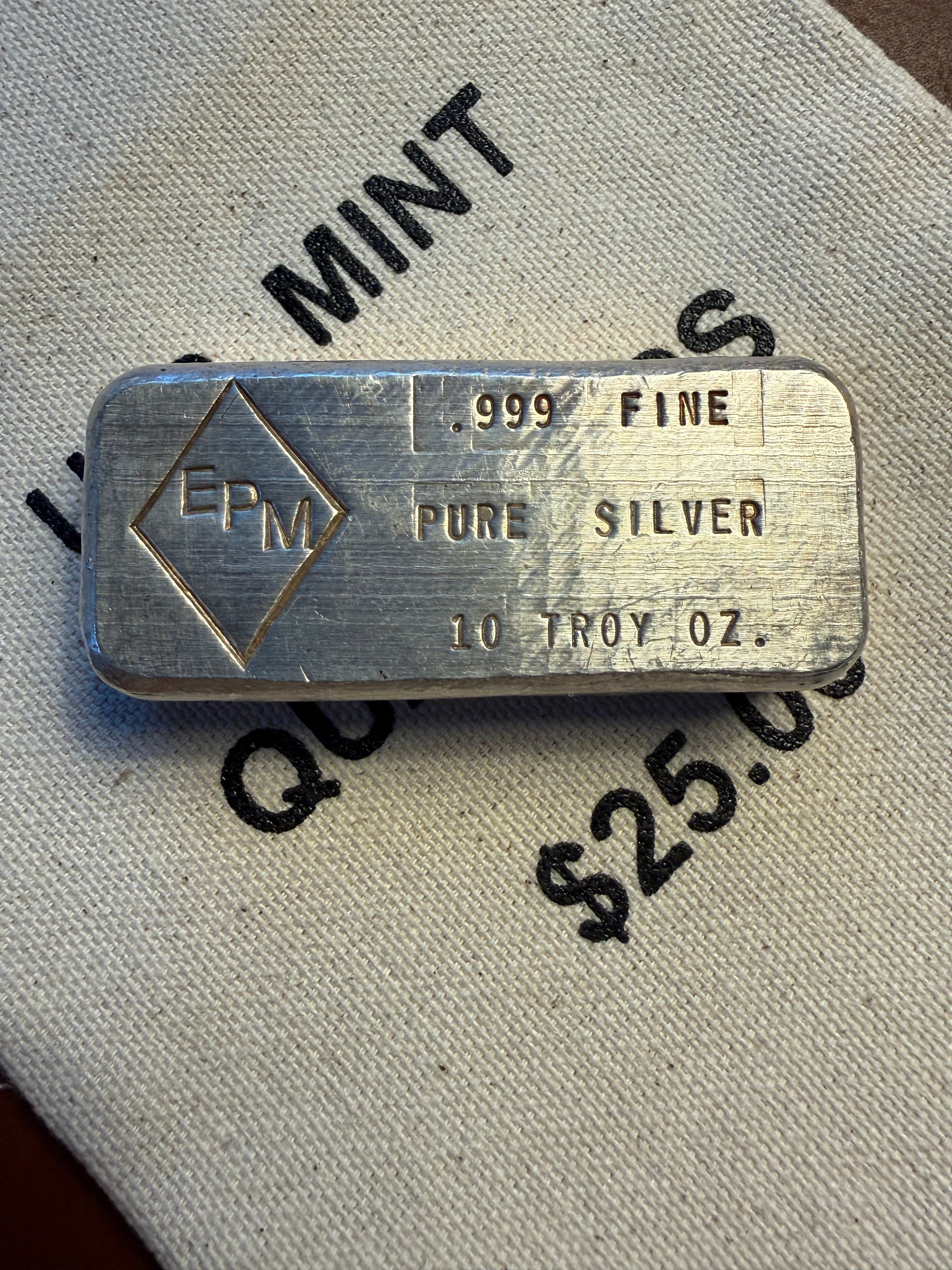 Eastern Precious Metals (EPM) - 10ozt, Vintage, Hand Poured, .999 Fine Silver Bar