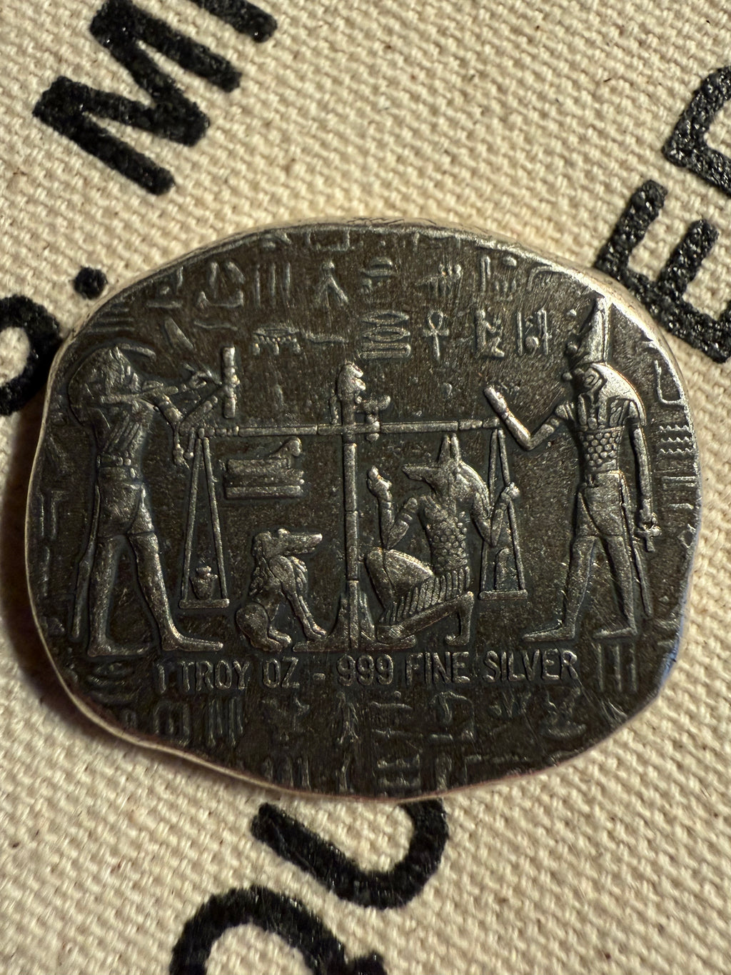 Reverse of Monarch Anubis 1 oz silver relic bar with Egyptian iconography